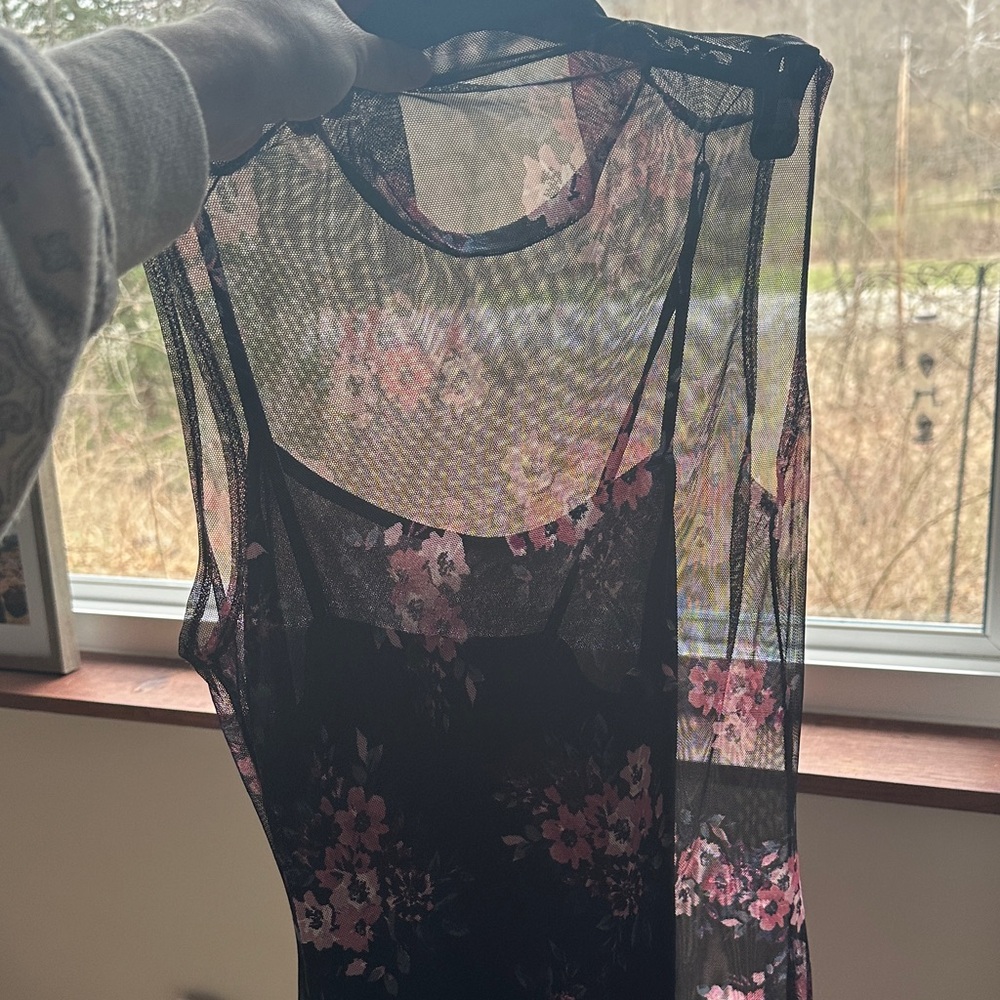 Charlotte Russe Black Mesh Midi Dress with Pink Floral Print - Picture 3 of 8